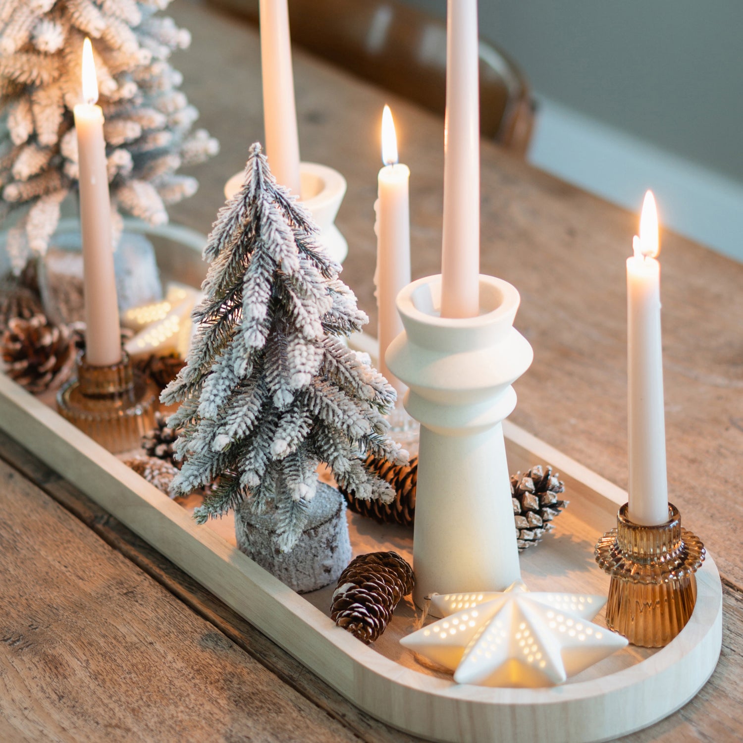 Elegant Winter Tiered Tray with Flocked Tree and Star Lights — Christmas Tiered Tray