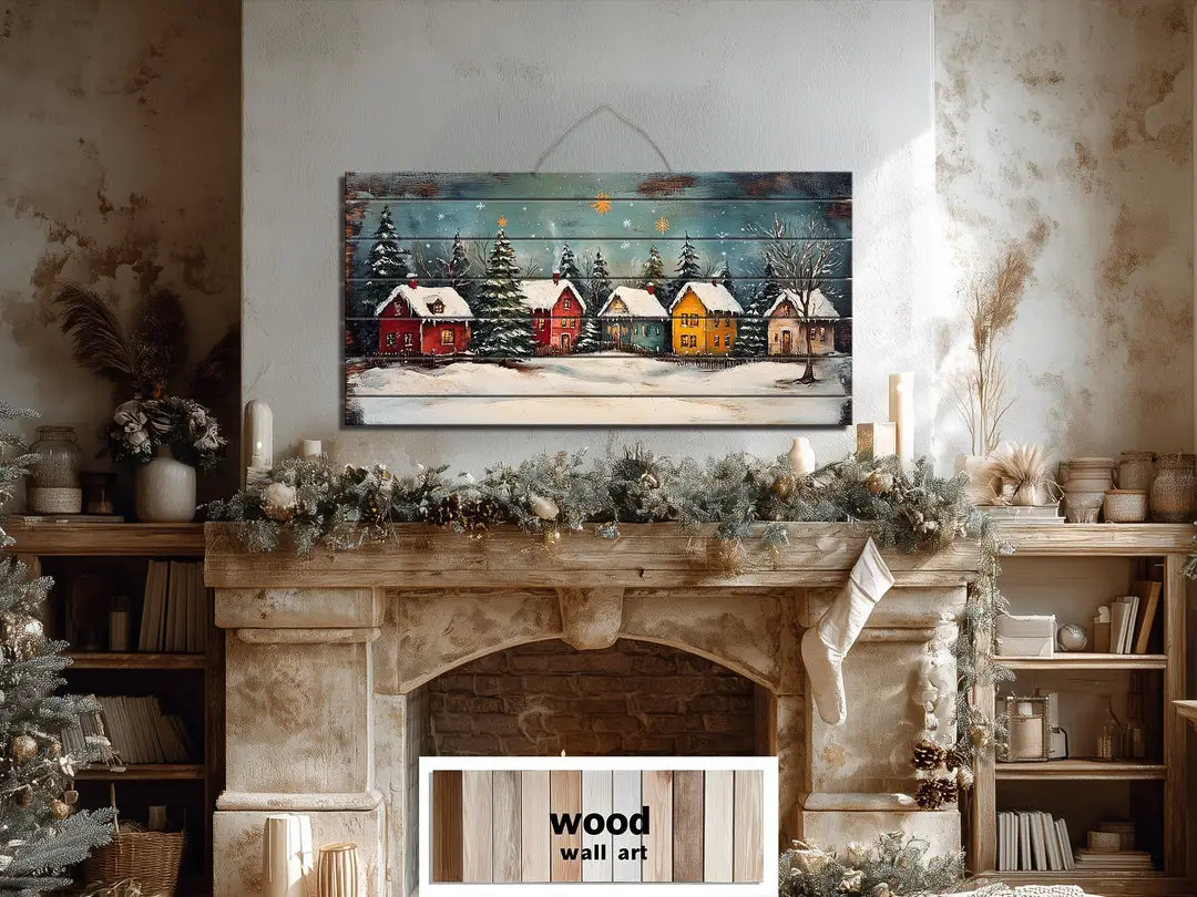 Rustic Wall Art and Stockings Adorn Farmhouse Mantelpiece — Farmhouse Christmas Mantel