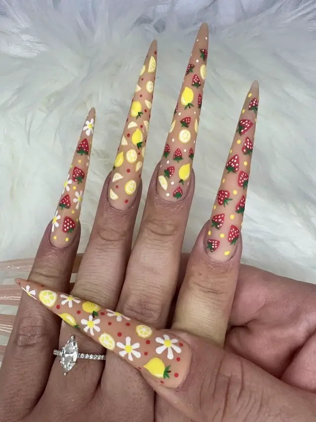 Extra Long Stiletto Mixed Fruit And Daisy Nails Extra Long Stiletto Mixed Fruit And Daisy Nails — pineapple nails ideas 2027
