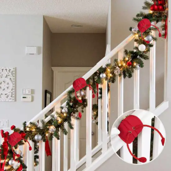 Elegant Garland with Red Ribbons, Silver Baubles, and Warm Lights — Christmas Stair Garland