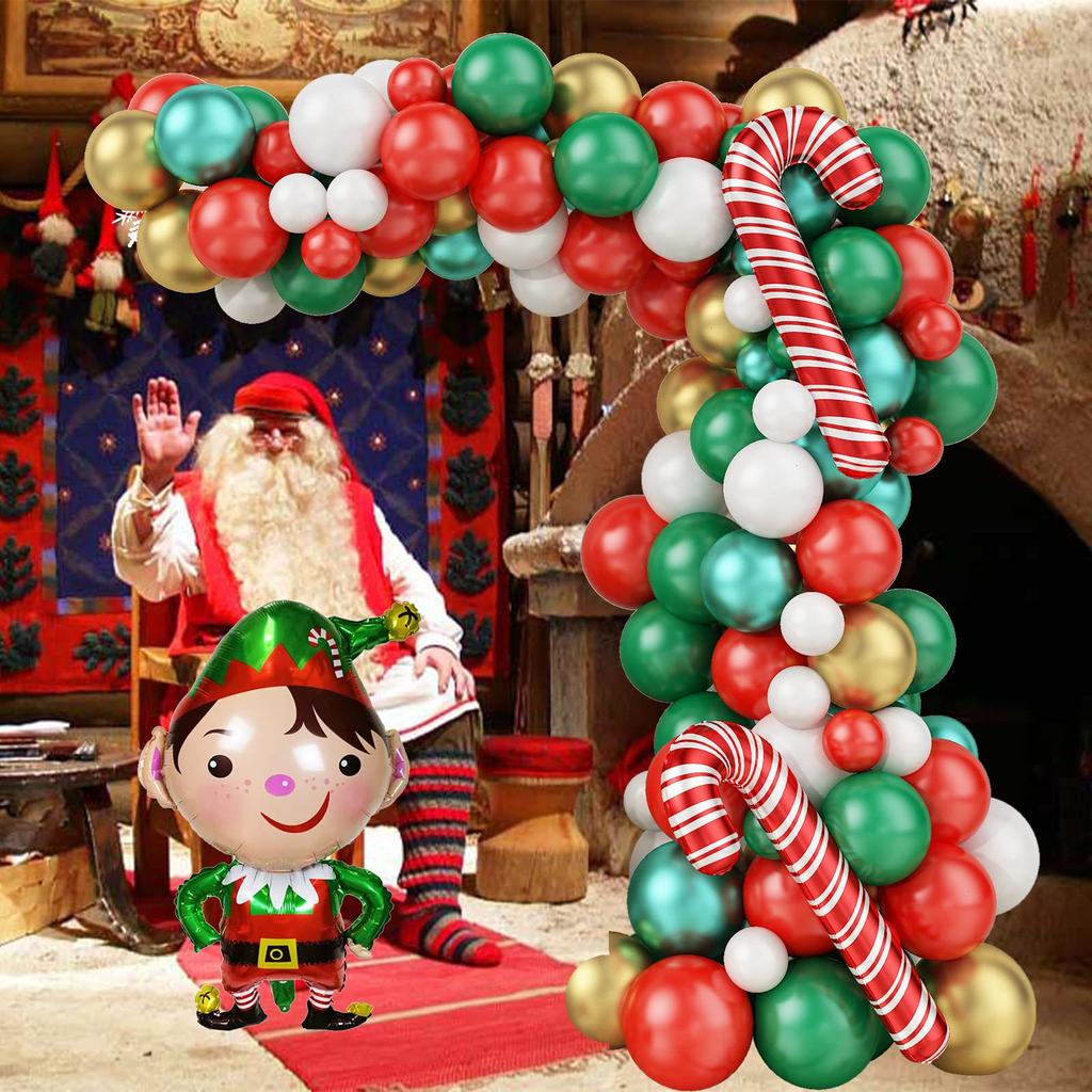 Festive Red, Green, and Gold Balloon Garland with Santa and Elf Figures — Christmas Balloon Garland