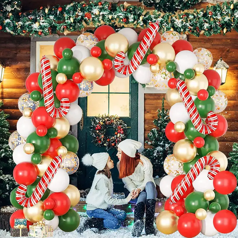 Impressive Outdoor Red, Green, White, and Gold Balloon Arch with Candy Canes — Christmas Balloon Garland