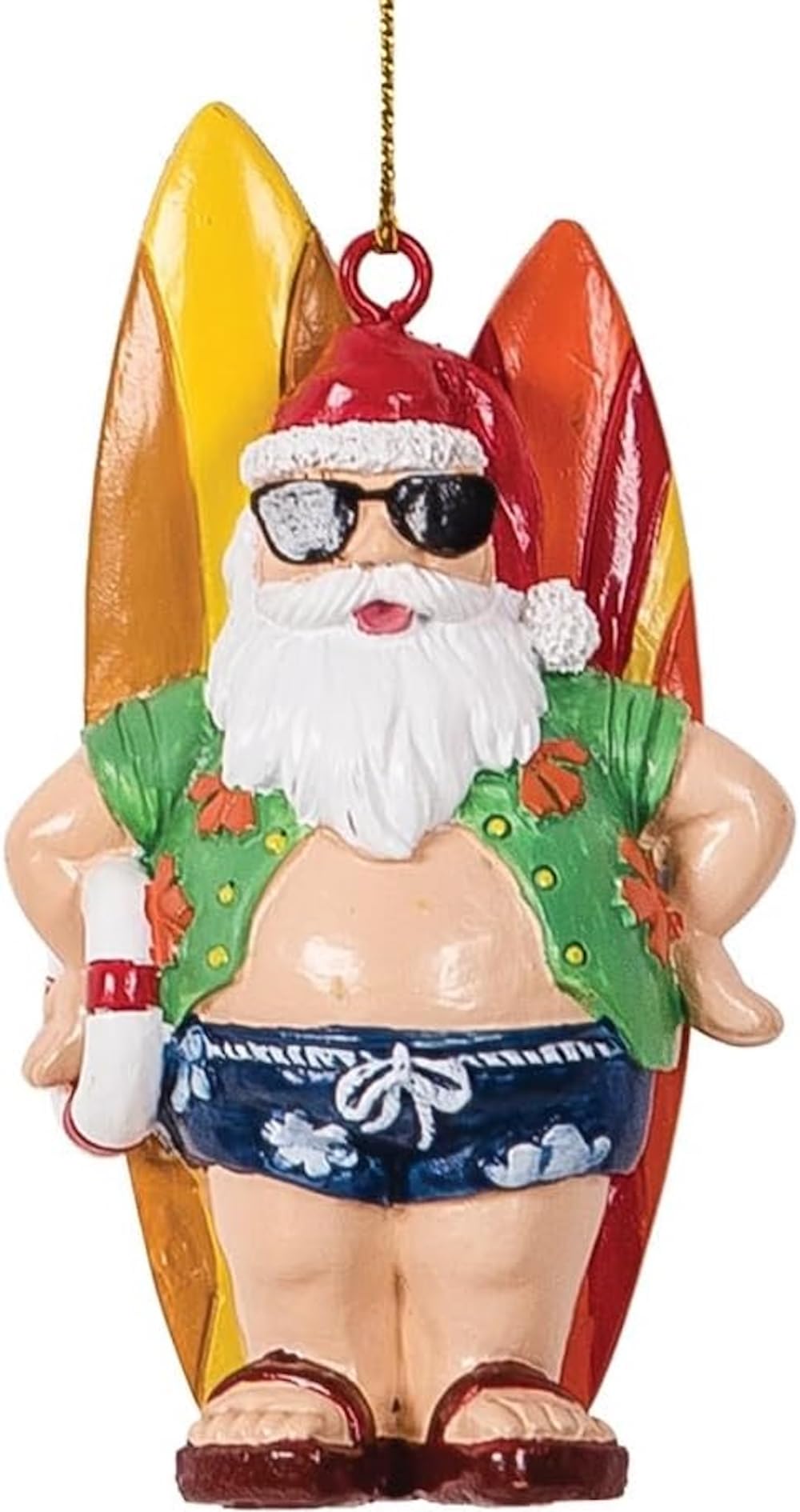 Festive Santa Ornament with Surfboards and Sunglasses Festive Santa Ornament with Surfboards and Sunglasses — Coastal Christmas Decor