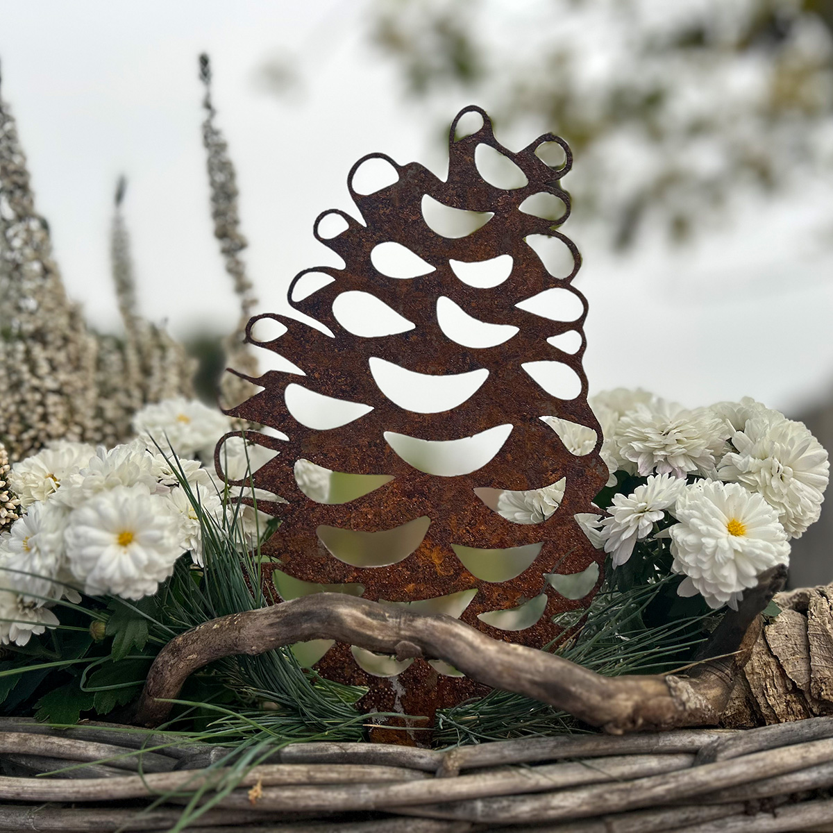 Country Style Decor with Rusted Metal Pinecone and Greenery — Winter Porch Decor