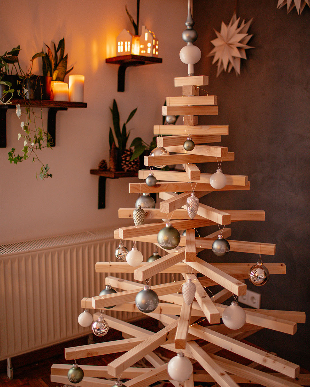 Modern Slatted Wood Tree with Shelves — Alternative Christmas Trees