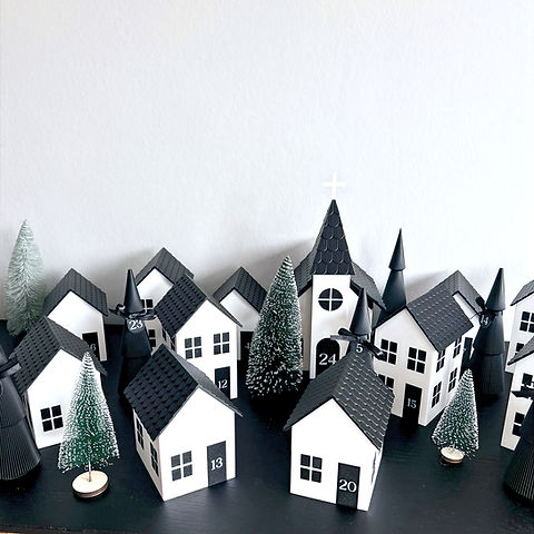 Graphic Black and White Village with Advent Numbers — Christmas Village Display