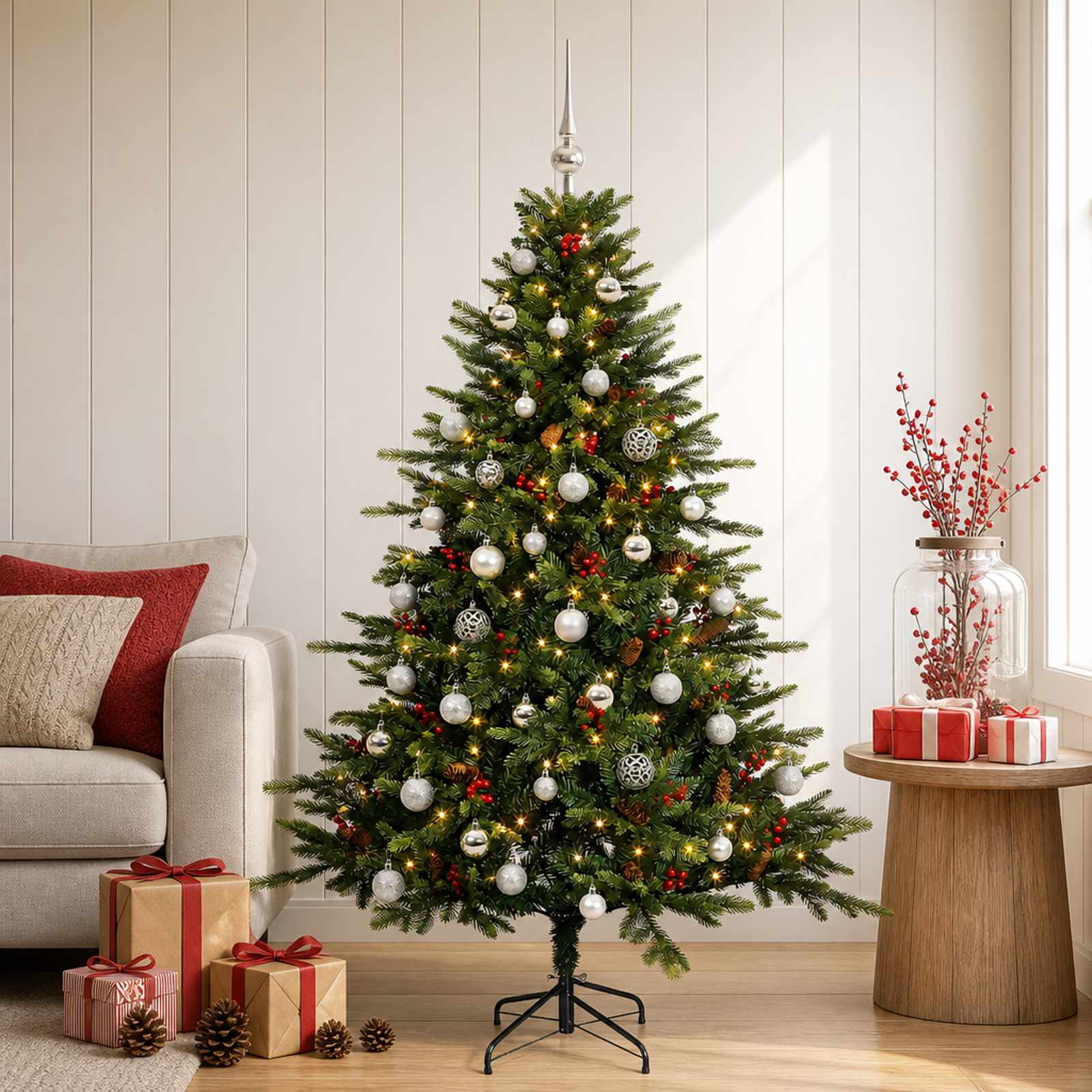 Traditional Living Room Corner with a Tall Decorated Christmas Tree — Christmas Living Room Decor
