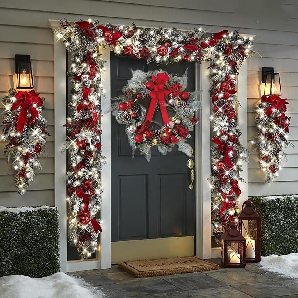 Elegant Entryway Dressed in Garlands, Swags, and Sparkling Lights Elegant Entryway Dressed in Garlands, Swags, and Sparkling Lights — Christmas Front Door Decor