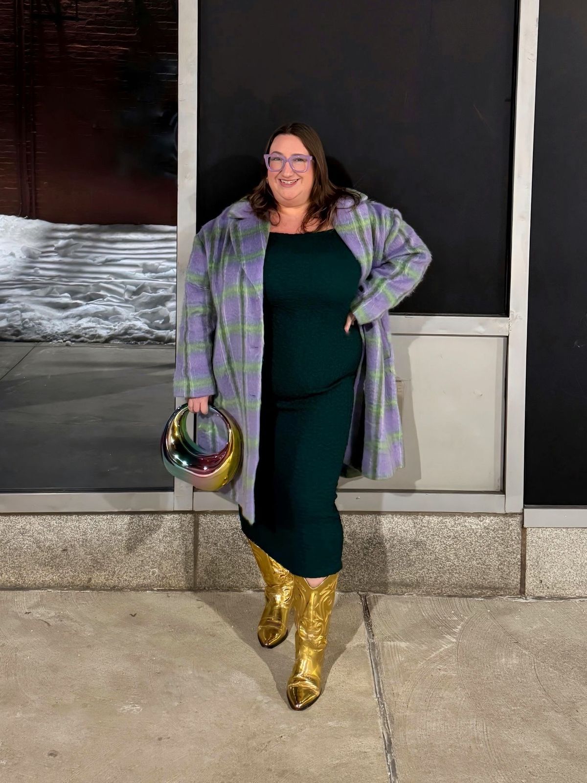 Plaid Coat and Green Dress for Fashion Events Plaid Coat and Green Dress for Fashion Events — Plus Size Outfits 2027