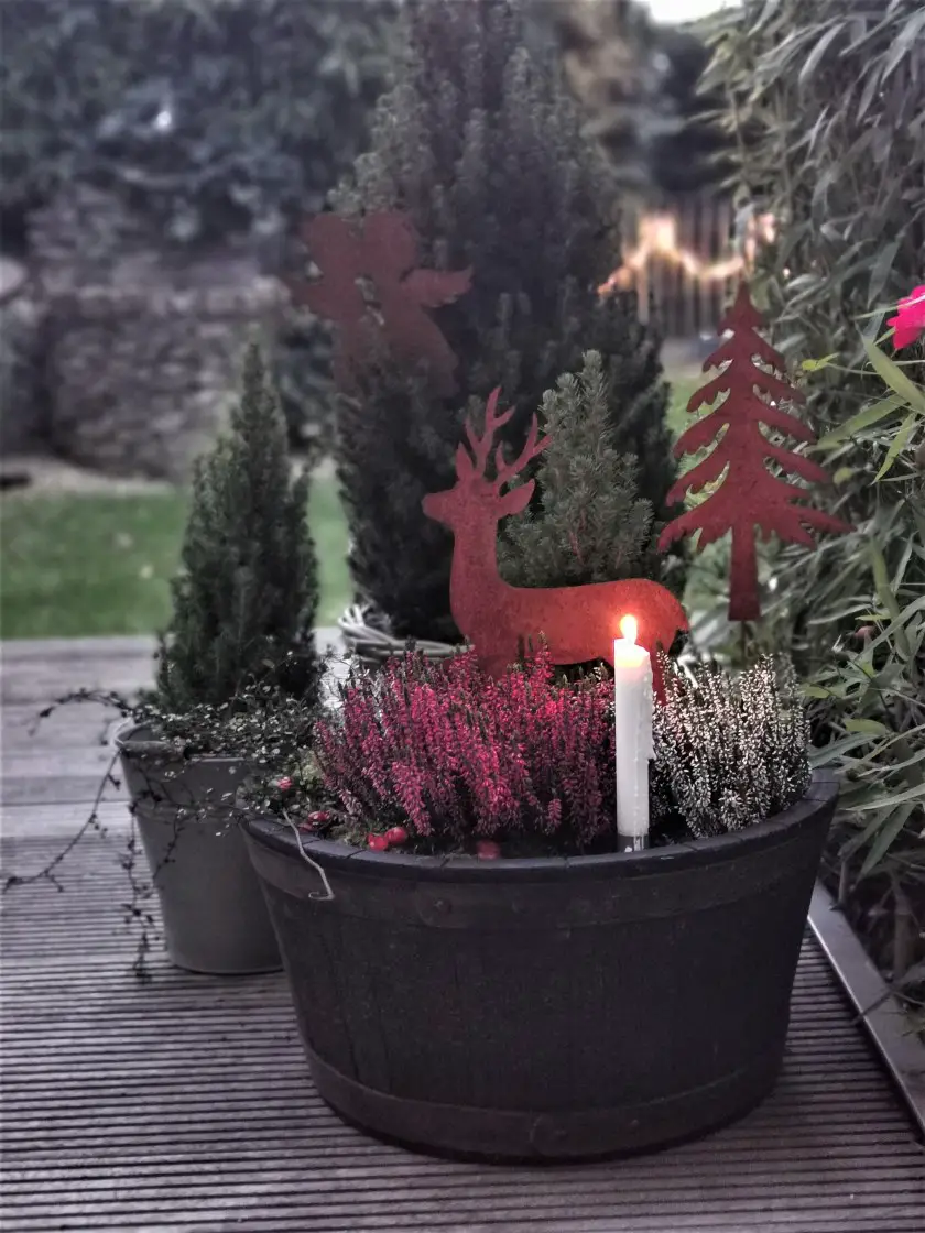 Planter Arrangement On A Wooden Deck Visual Idea — Christmas Porch Decor