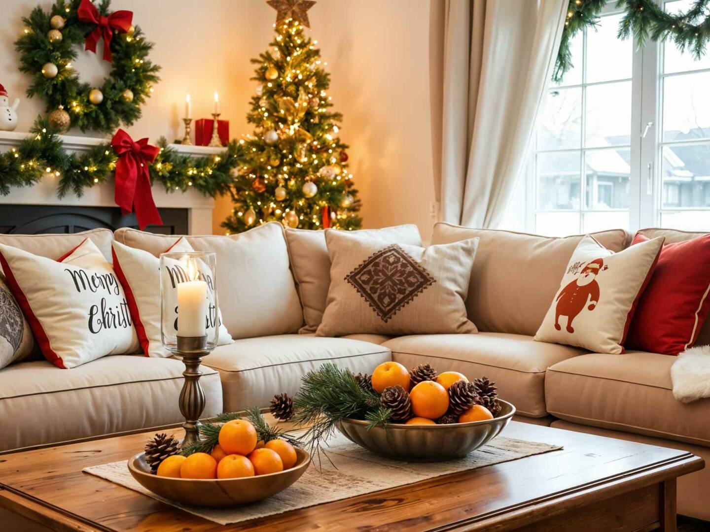 Farmhouse Living Room with a Prominent Christmas Tree and Wreaths — Flanked By Wreaths And Garlands Farmhouse Living Room with a Prominent Christmas Tree and Wreaths — Flanked By Wreaths And Garlands — Rustic Christmas Tree
