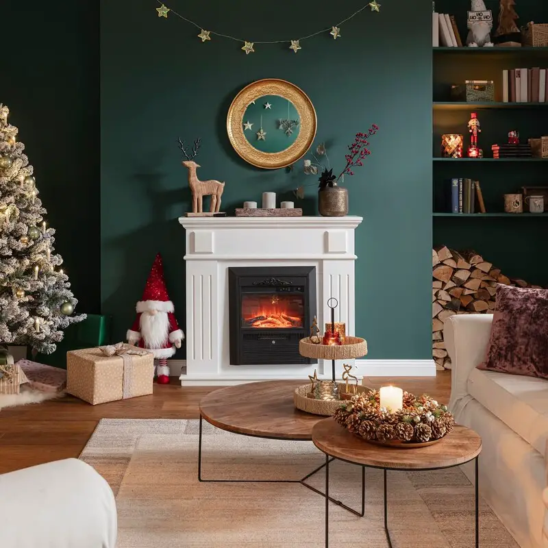 Festive Fireplace Mantel with Gold Accents — Christmas Wall Decor