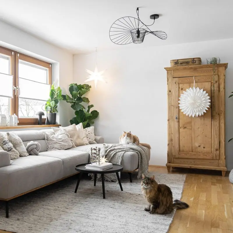 Hygge Living Room with L-Shaped Sofa and Relaxed Cats Hygge Living Room with L-Shaped Sofa and Relaxed Cats — Hygge Home Decor