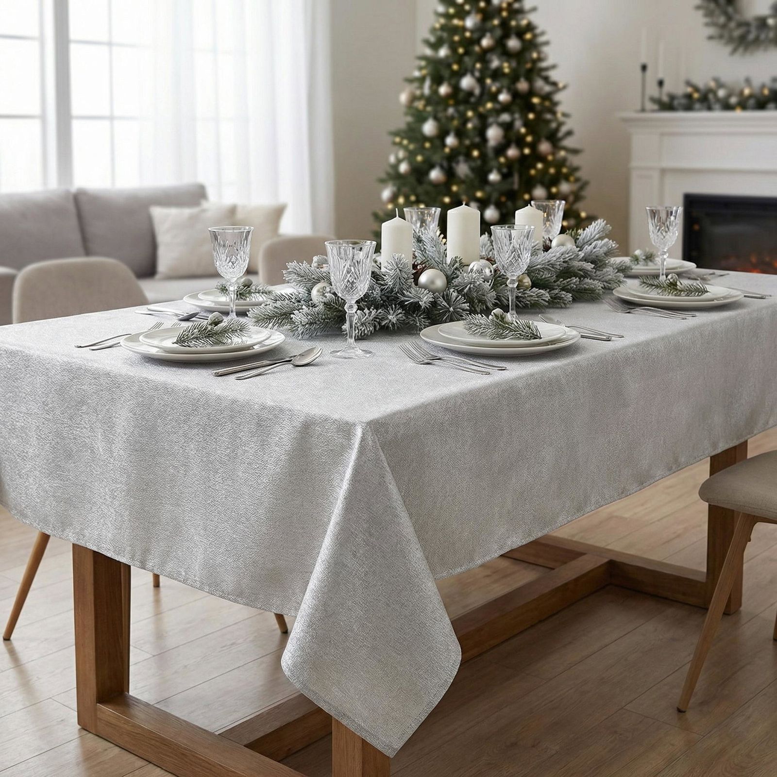 Modern Festive Dining Room with Silver Tablecloth and Garland Modern Festive Dining Room with Silver Tablecloth and Garland — Christmas Party Decor