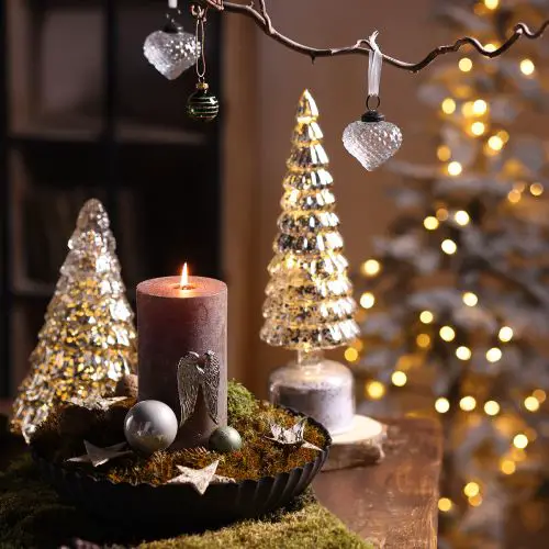 Rustic Vignette with Glowing Glass Christmas Trees Rustic Vignette with Glowing Glass Christmas Trees — Christmas Tree Lights