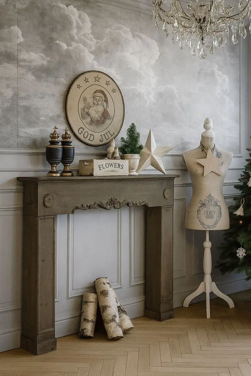 Country Style Fireplace Mantel with Vintage Santa Artwork — Christmas Fireplace Decor