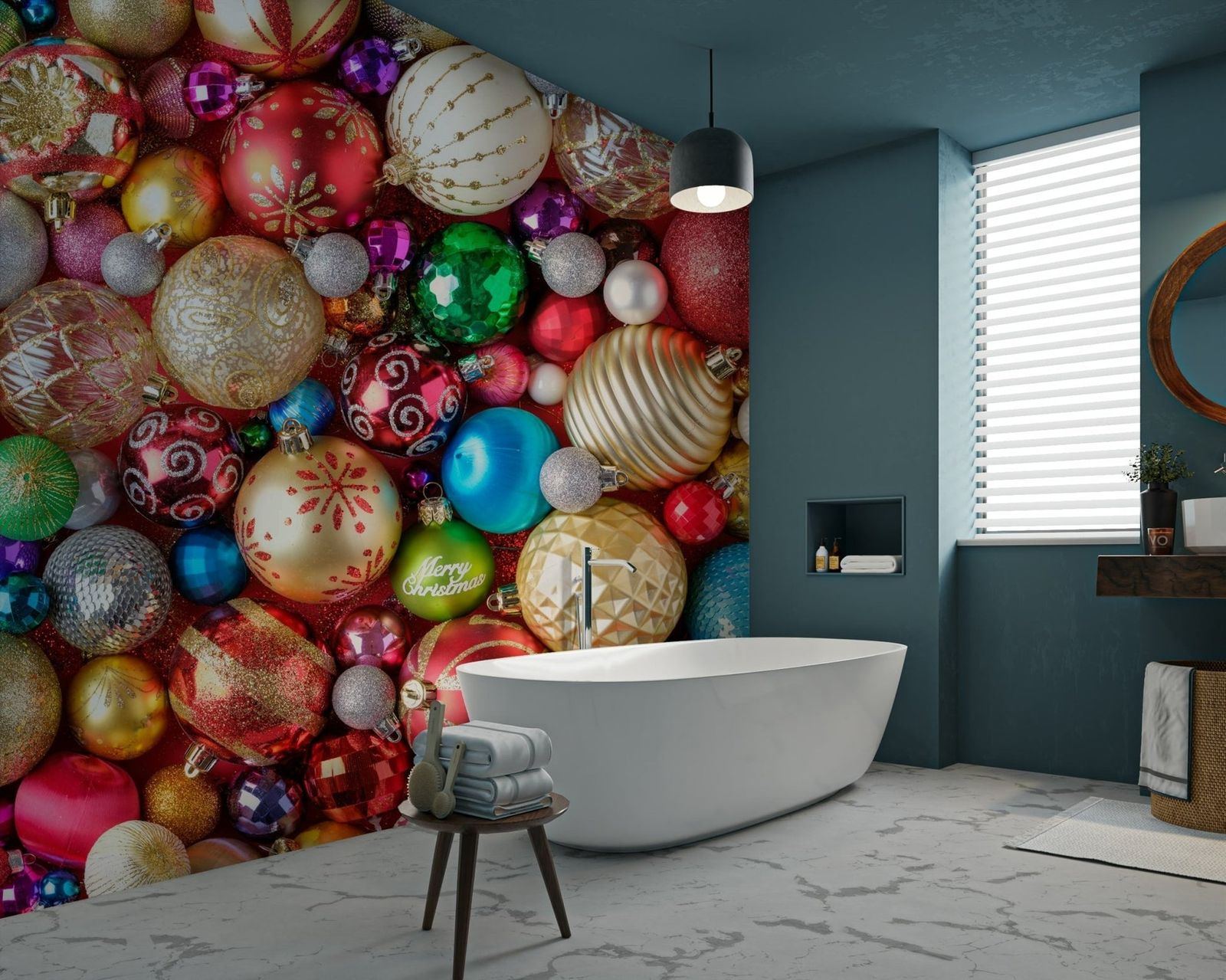 Modern Bathroom with Oversized Christmas Ornament Wallpaper — Christmas Bathroom Decor
