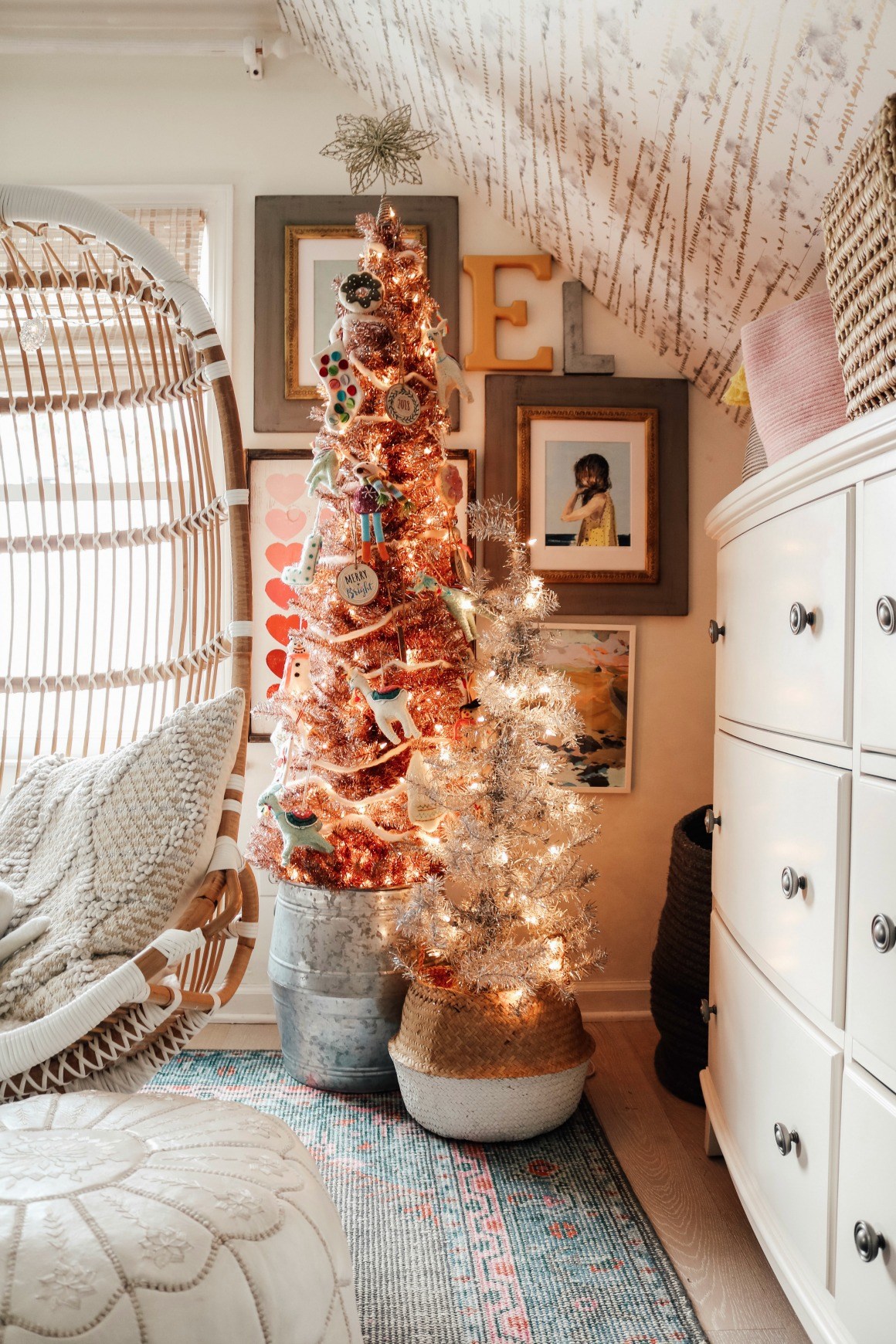 Boho Living Room Corner with Rose Gold and Silver Tinsel Trees — Whimsical Christmas Decor
