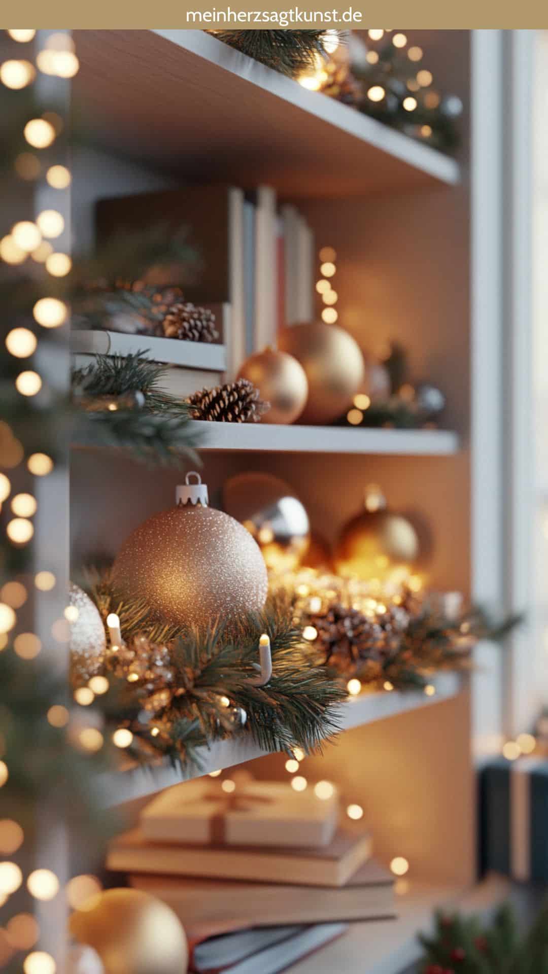Modern Minimalist Shelf with Gold Baubles and Fairy Lights Modern Minimalist Shelf with Gold Baubles and Fairy Lights — Christmas Shelf Decor