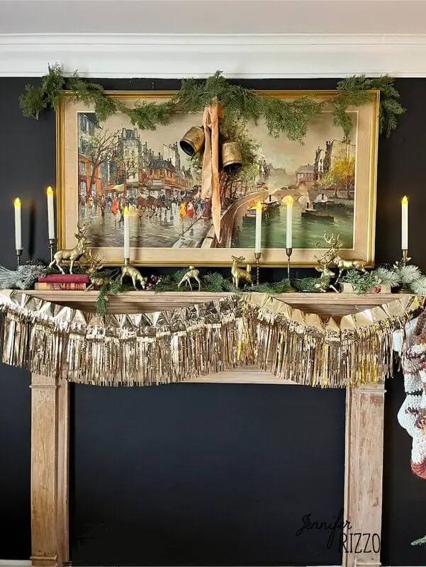 Elegant Fireplace Mantel with Gold Fringe Garland — Traditional Christmas Decor