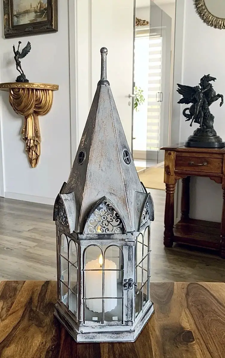 Large Gothic-Style Lantern with Real Candle Centerpiece — Christmas Lantern Lights