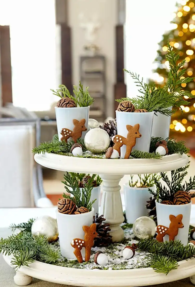 Whimsical Tiered Stand Centerpiece with Gingerbread and Greenery Whimsical Tiered Stand Centerpiece with Gingerbread and Greenery — Christmas Wedding Centerpiece