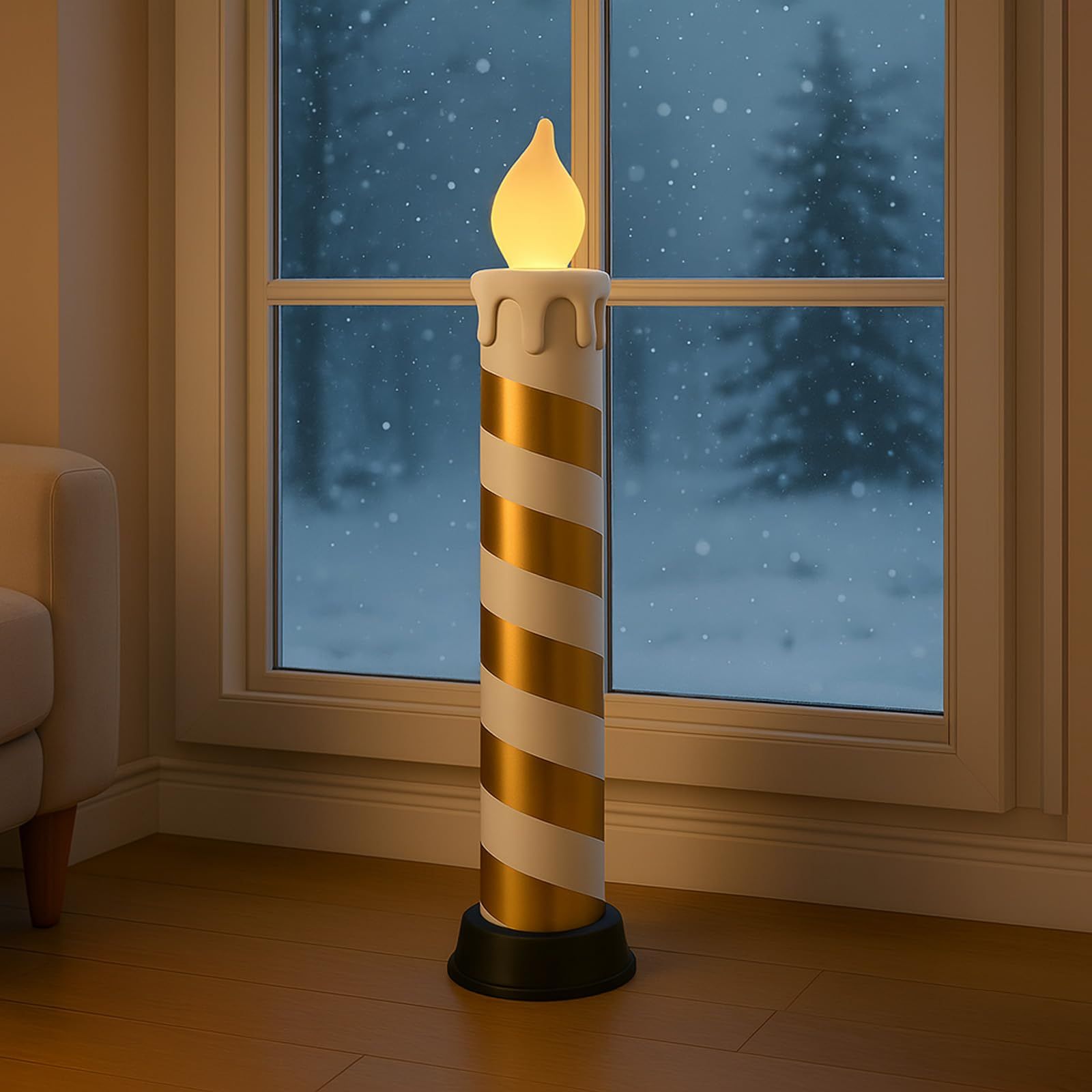 Oversized Striped Gold and White Candle Decoration — Christmas Window Candles