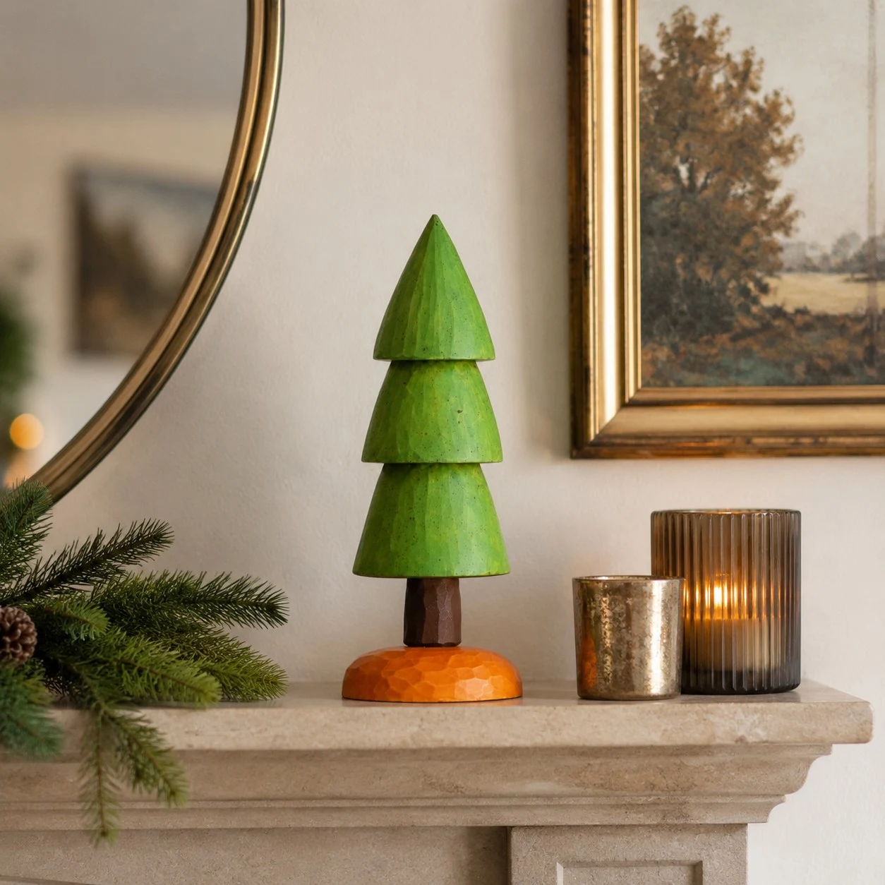 Textured Green Wooden Tree Takes Center Stage on Farmhouse Mantel — Farmhouse Christmas Mantel