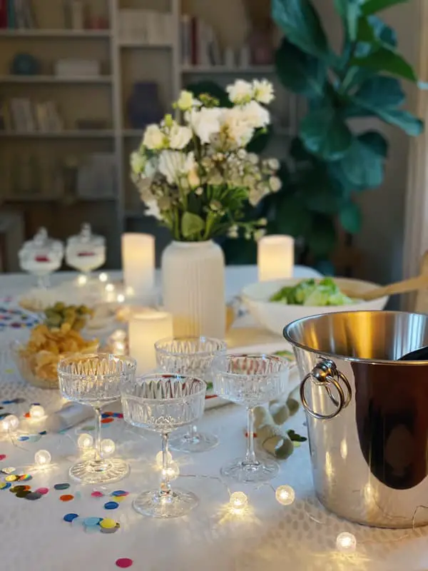 Modern Festive Table Setting with White, Green, and Silver Accents — New Years Eve Dessert Table