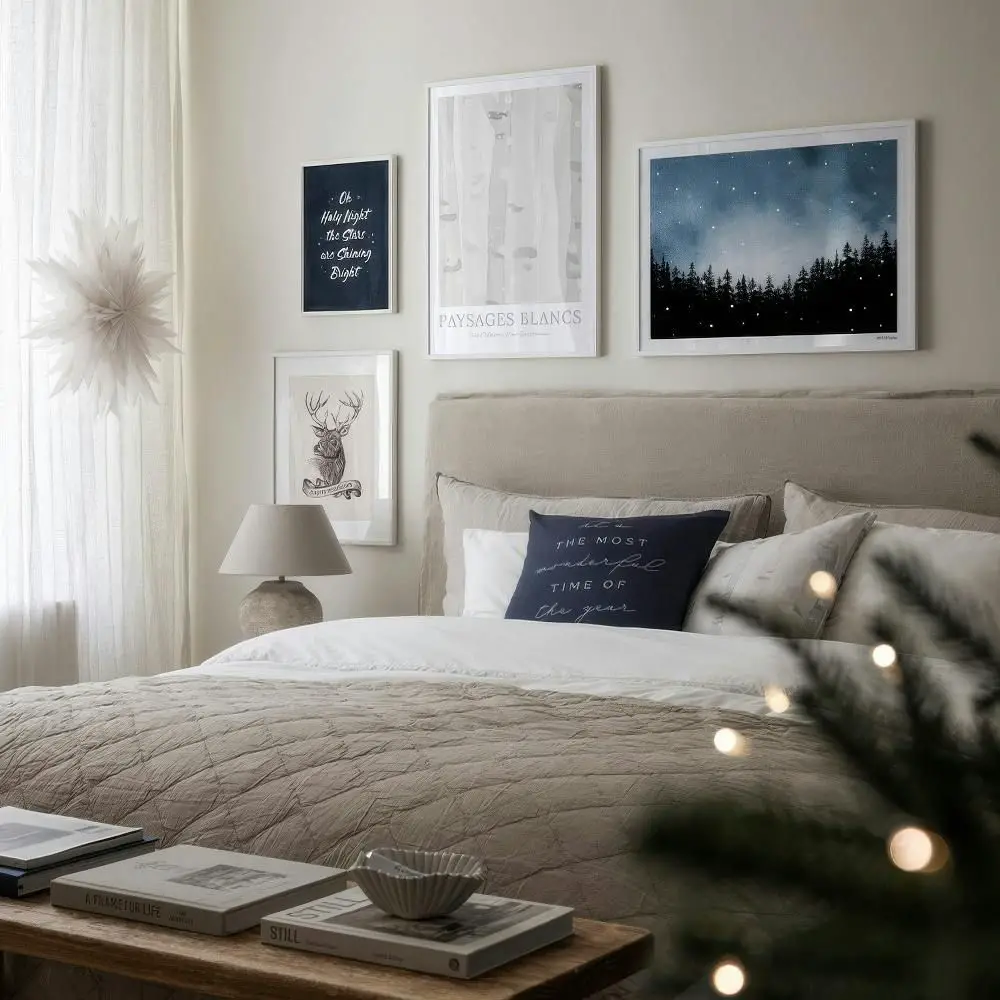 Scandinavian Bedroom with Festive Artwork and Neutrals — Christmas Bedroom Decor