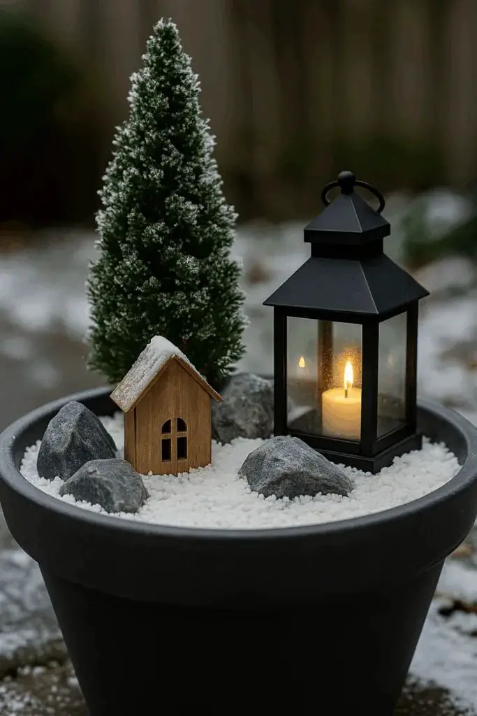 Planter with Miniature Winter Scene Planter with Miniature Winter Scene — Christmas Porch Planters