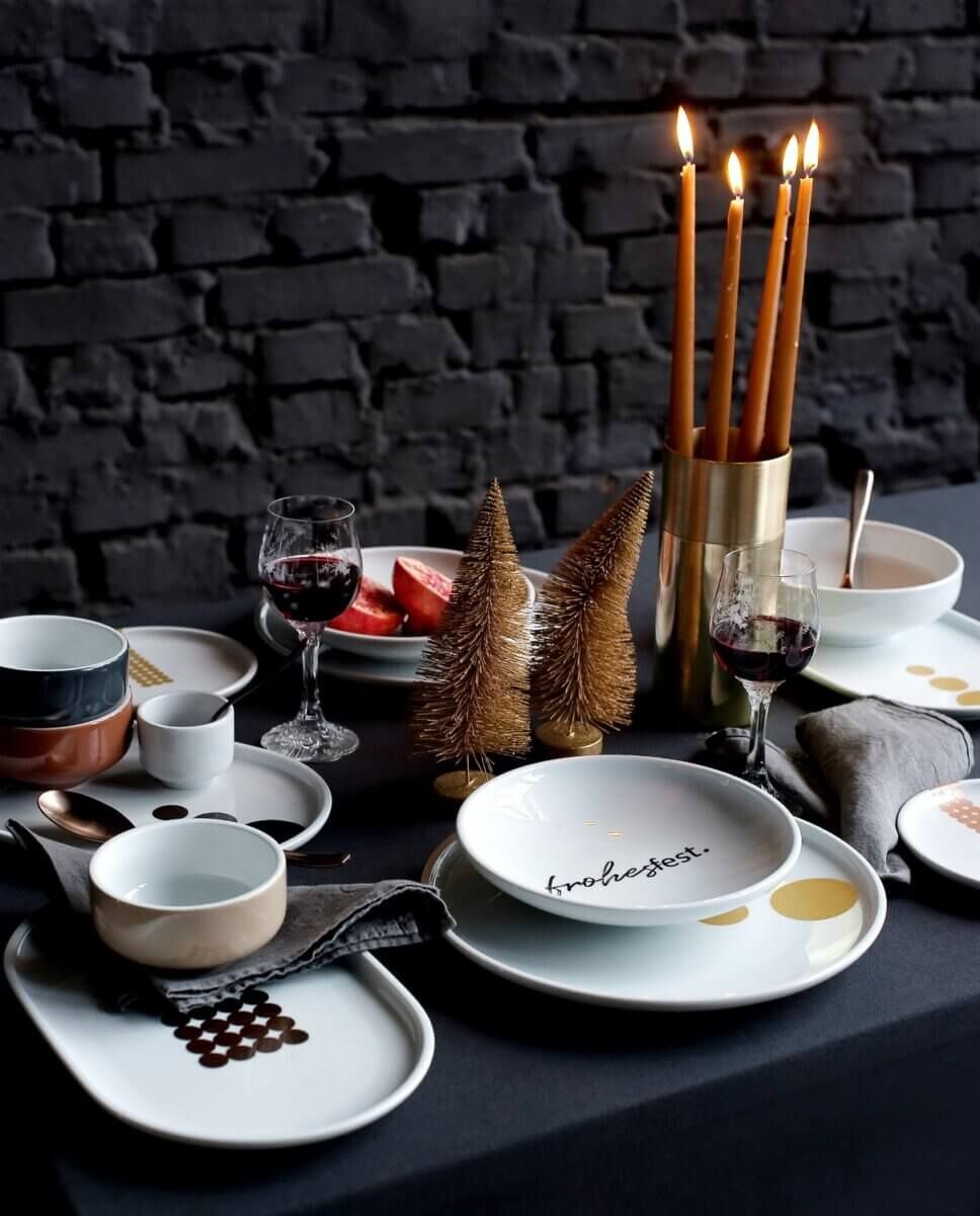 Modern Dining Table Setting with Gold Taper Candles Modern Dining Table Setting with Gold Taper Candles — Christmas Centerpiece