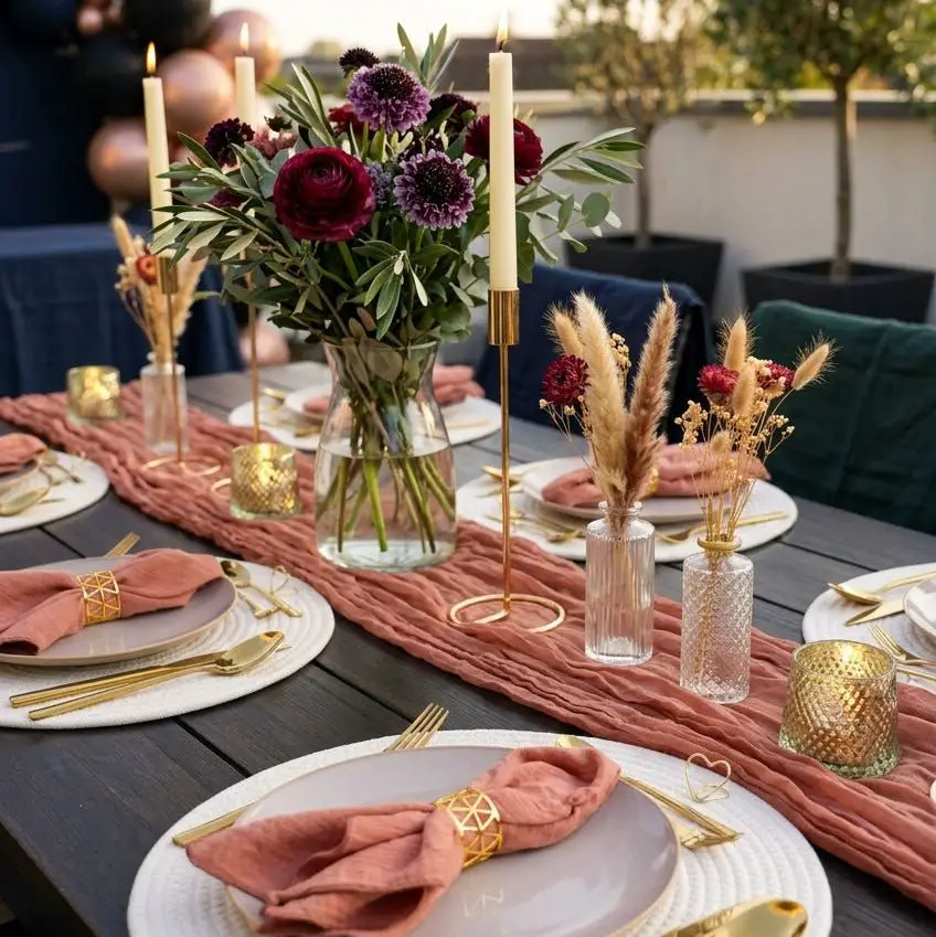 Boho Patio Table with Rose Gold and Floral Touches Boho Patio Table with Rose Gold and Floral Touches — Christmas Party Decor