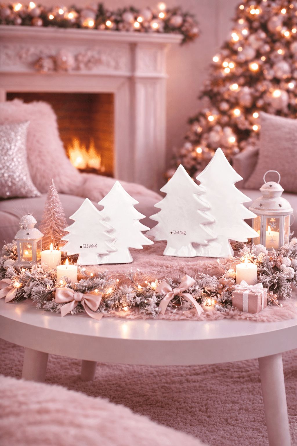 Shabby Chic Tabletop Vignette with Pink Christmas Trees and Lanterns Shabby Chic Tabletop Vignette with Pink Christmas Trees and Lanterns — Christmas Fairy Lights Living Room