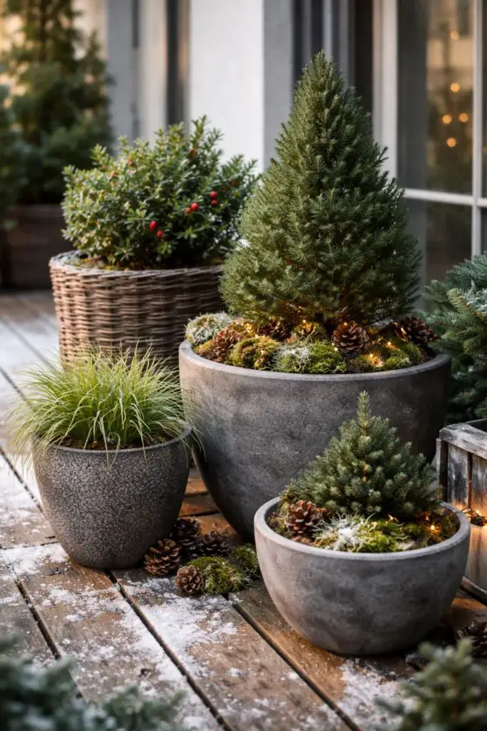 Patio Vignette with Potted Evergreen Trees and Lights Patio Vignette with Potted Evergreen Trees and Lights — Christmas Light Display Ideas