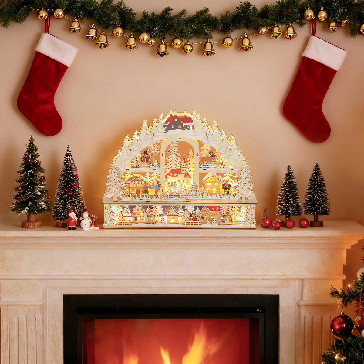 Elaborate Wooden Village Scene on a Mantelpiece — Christmas Village Display
