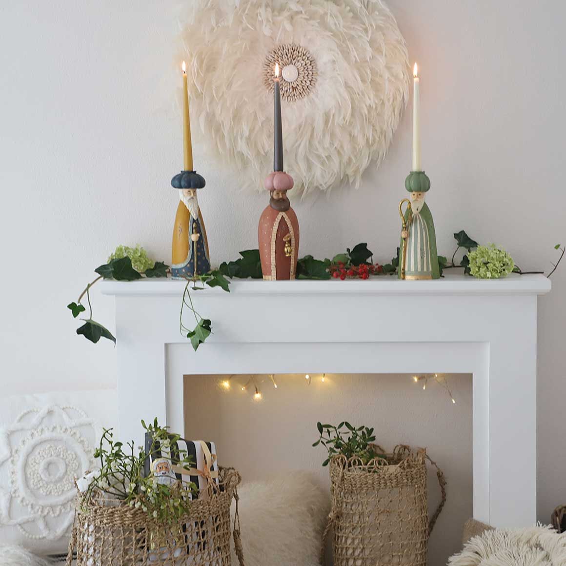 Vintage White Mantel with Festive Figures and Fairy Lights — Winter Mantel Decor