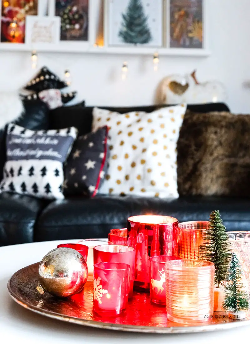 Cozy Vignette with Red Glass Candle Holders and Gold Accents Cozy Vignette with Red Glass Candle Holders and Gold Accents — Red and Gold Christmas Decor