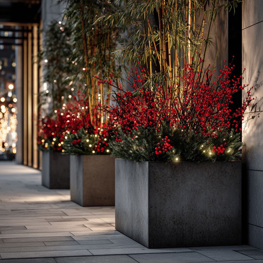 Contemporary Planters with Greenery and Lights — Outdoor Christmas Lights