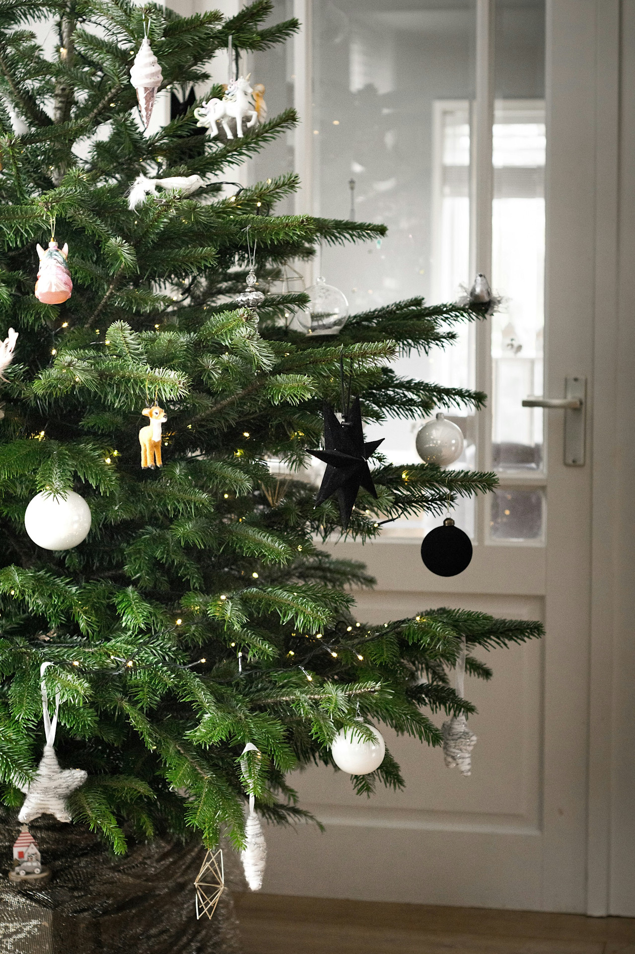 Cozy Living Room Christmas Tree with Fireplace Accent — Neutral Christmas Tree