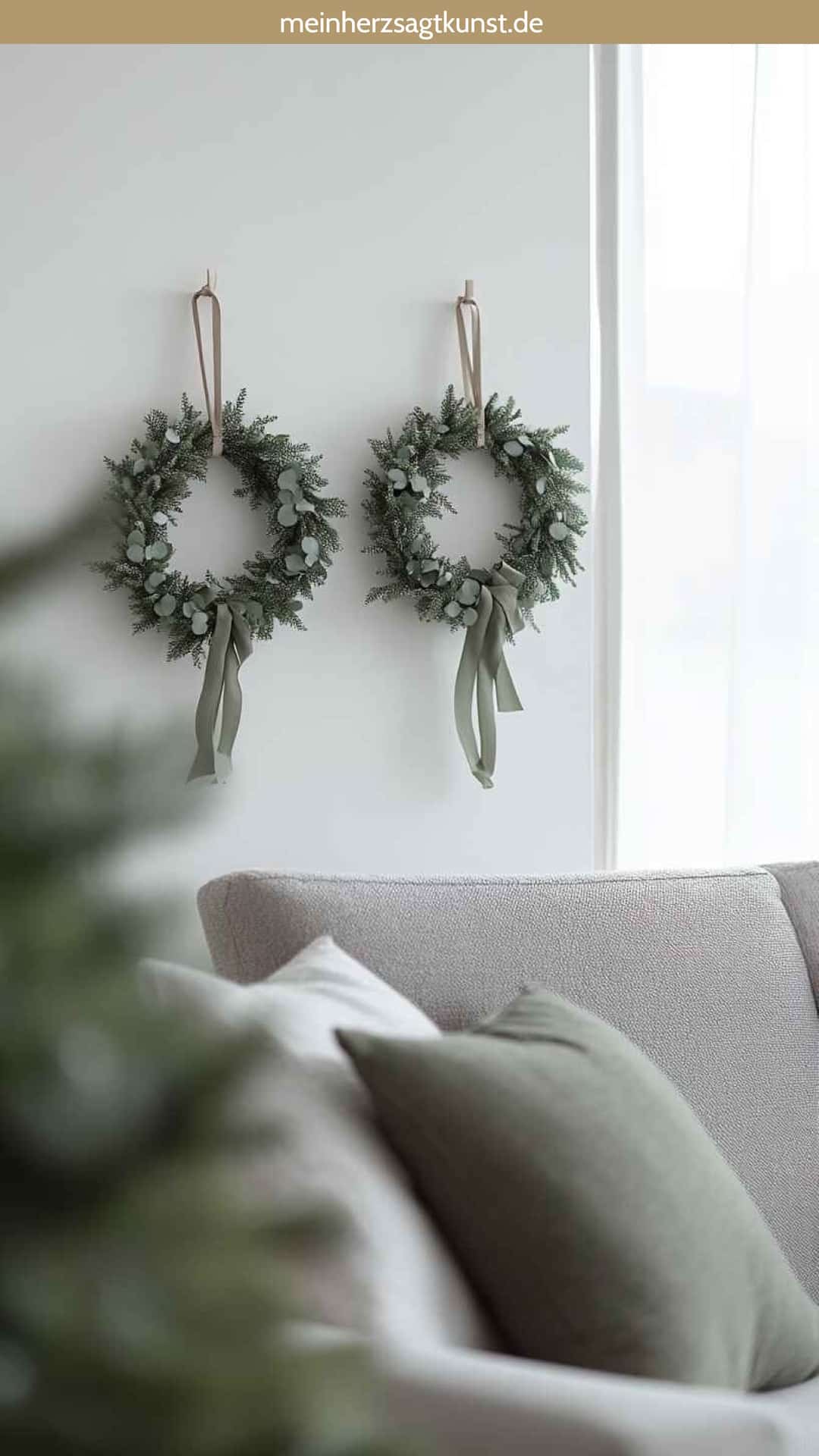 Minimalist Pine and Eucalyptus Wreaths with Grey Ribbons Minimalist Pine and Eucalyptus Wreaths with Grey Ribbons — Christmas Window Wreaths