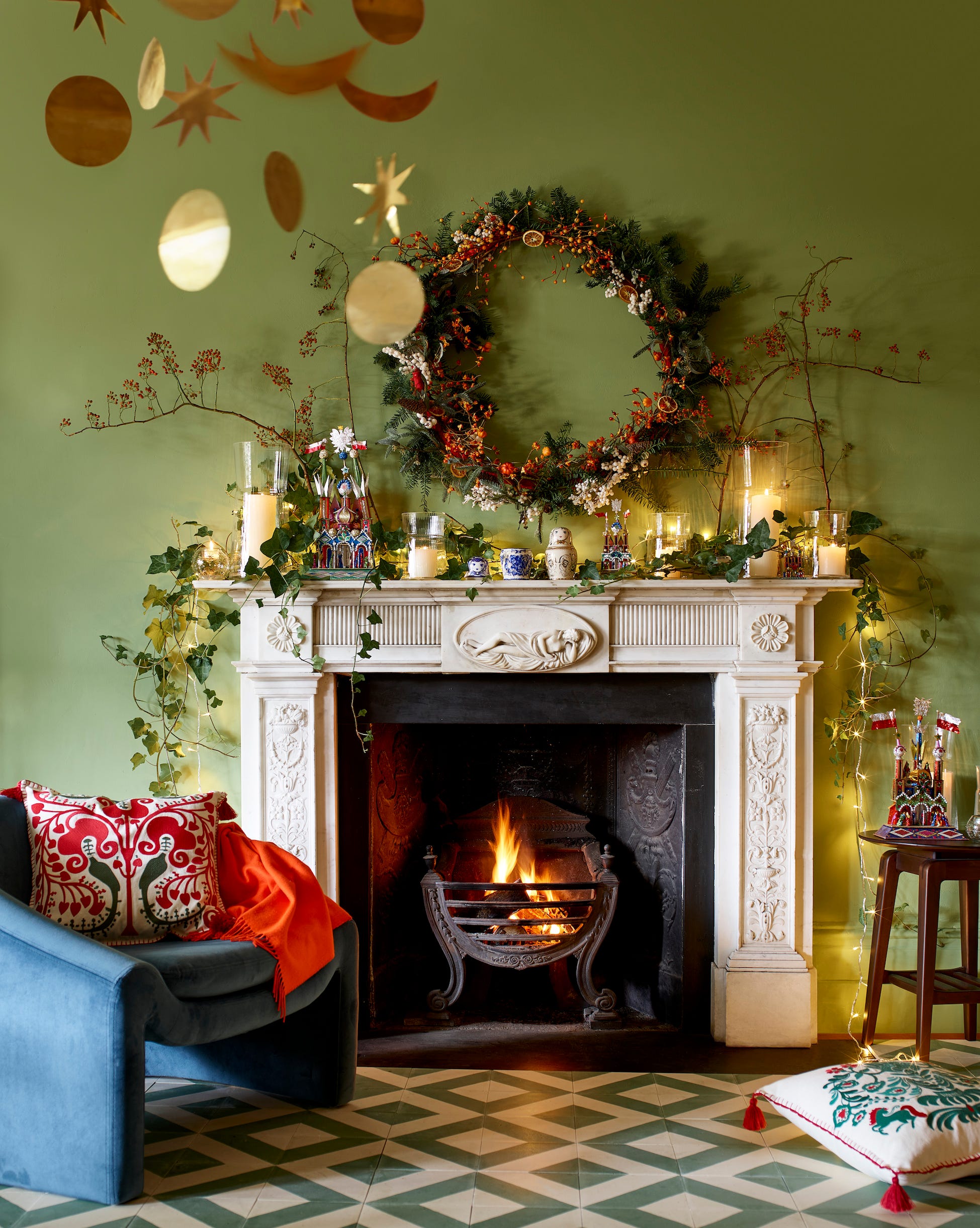 Festive Living Room Fireplace with Large Wreath and Mantel Decor — Whimsical Christmas Decor