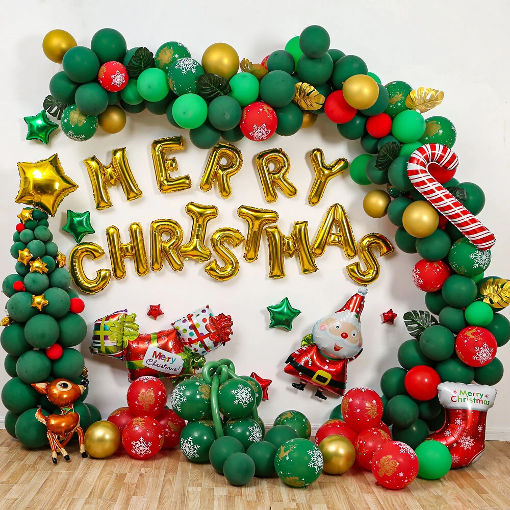 Grand Green, Red, and Gold Balloon Garland with 'MERRY CHRISTMAS' Foil Balloons — Christmas Balloon Garland