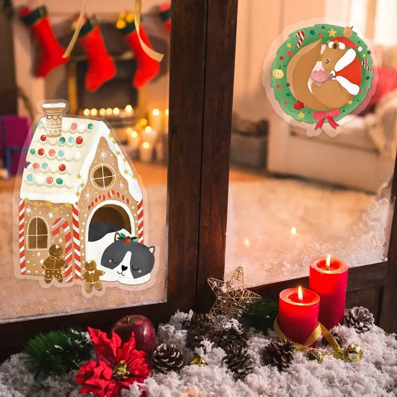 Whimsical Christmas Stickers on Window with Candles Whimsical Christmas Stickers on Window with Candles — Christmas Window Decor Outdoor