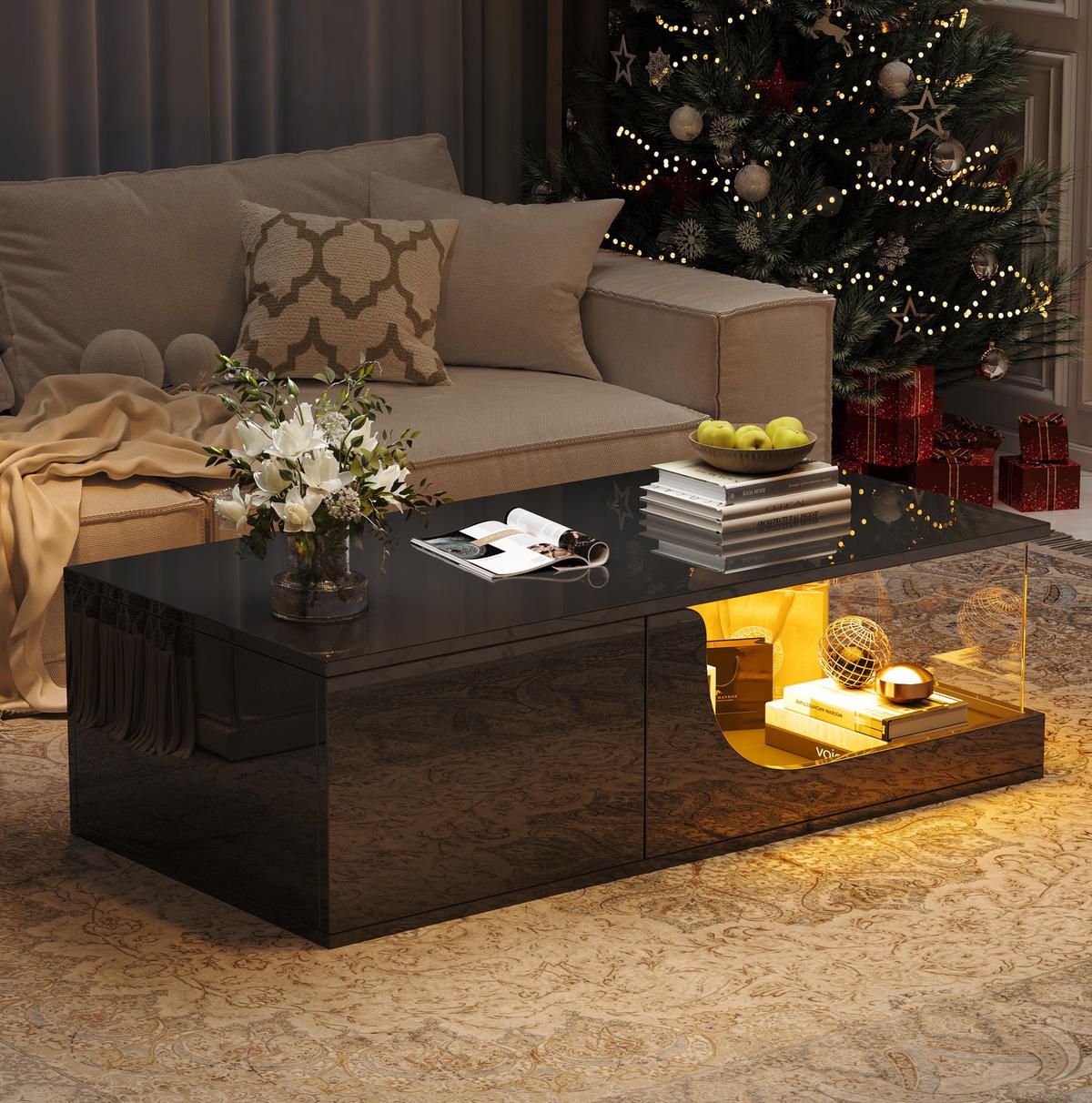 Modern Coffee Table with Integrated Warm Lighting at Night Modern Coffee Table with Integrated Warm Lighting at Night — Christmas Coffee Table Decor