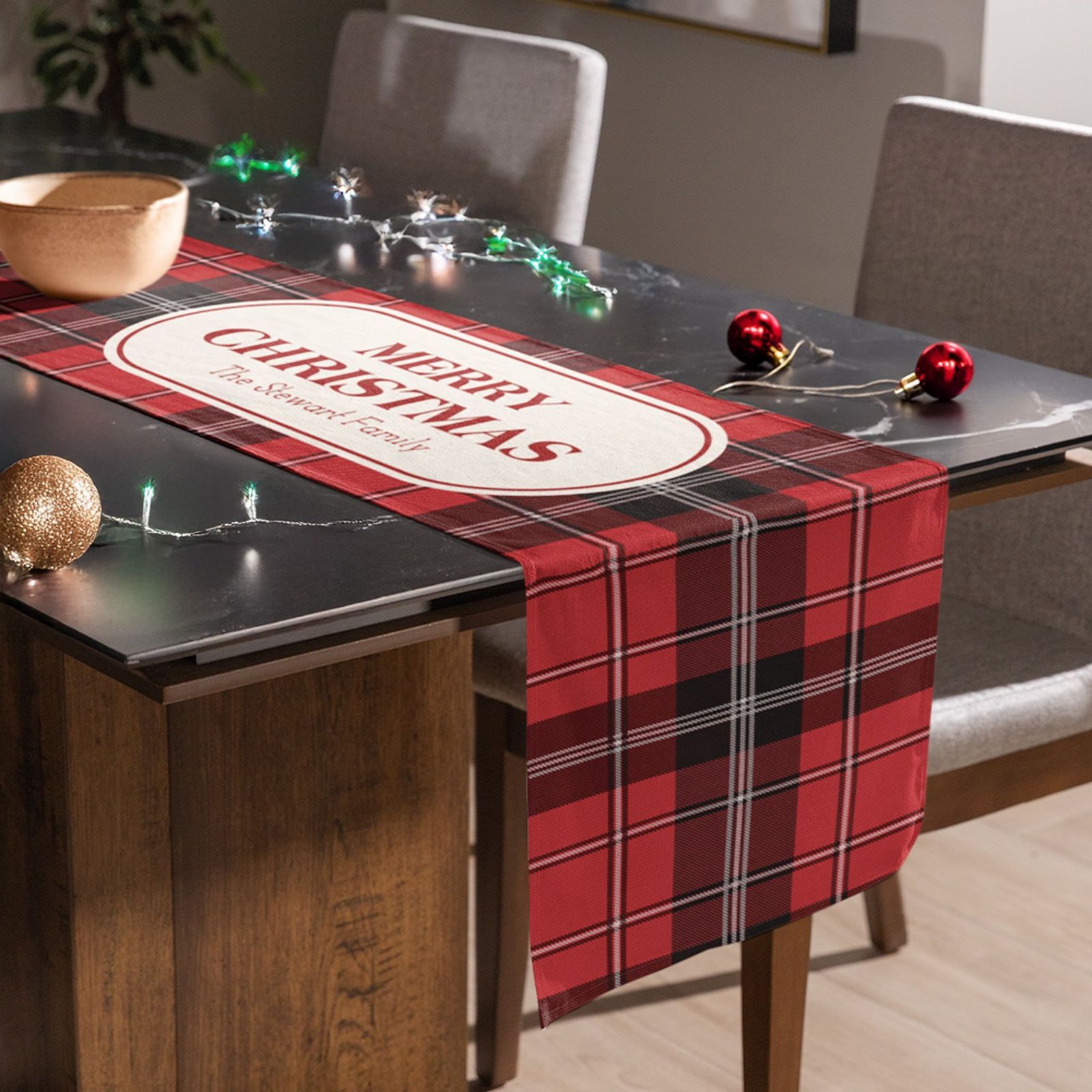 Farmhouse Plaid Table Runner Personalized with 'Merry Christmas' — Christmas Dining Room Decor