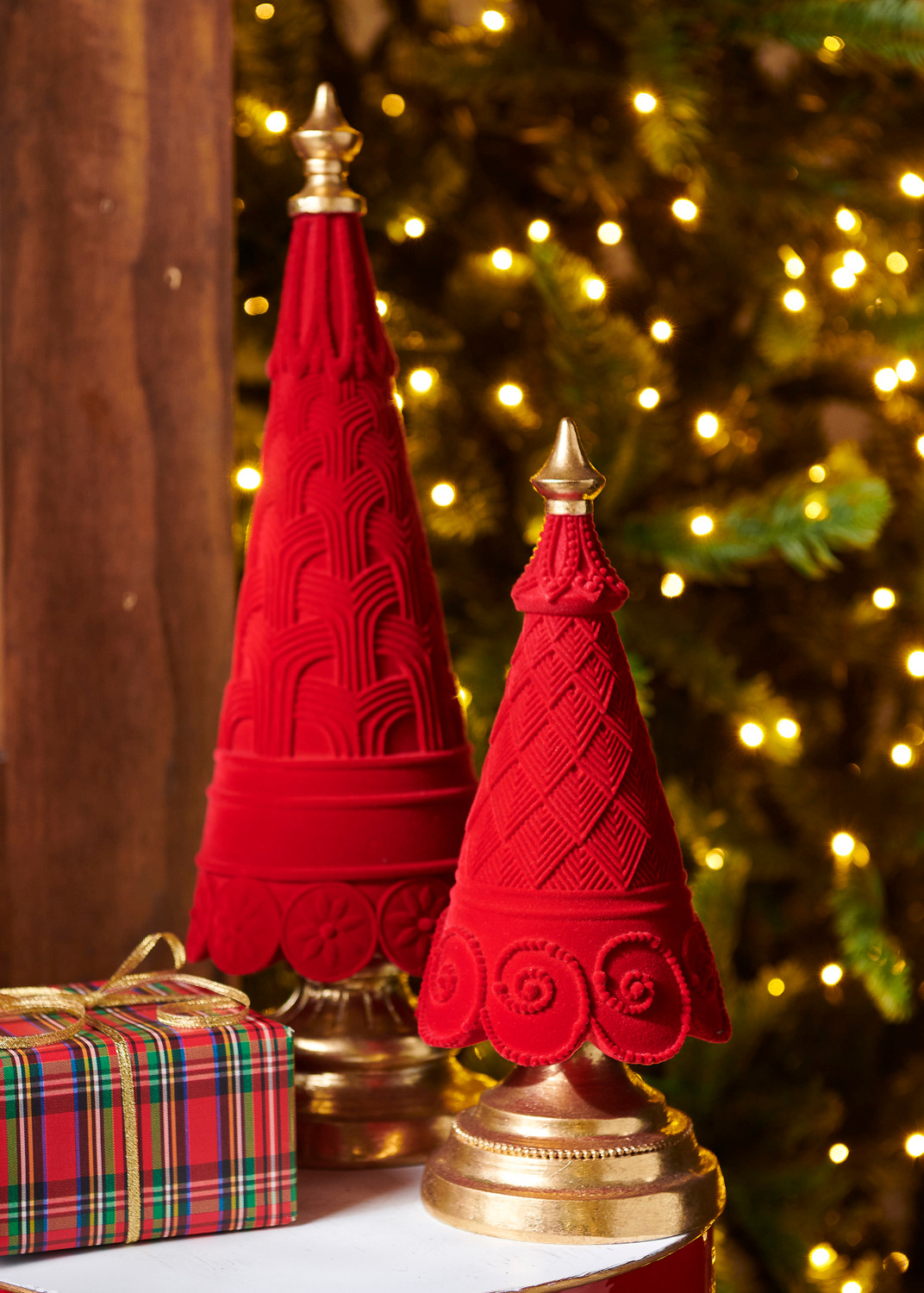 Textured Red Velvet Decorative Trees on Gold Bases Textured Red Velvet Decorative Trees on Gold Bases — Red and Gold Christmas Tree