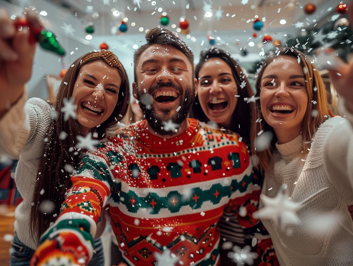 Confetti-Filled Celebration Backdrop with Festive Attire — Christmas Party Backdrop