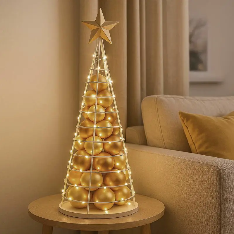 Illuminated Wire Christmas Tree with Gold Baubles Illuminated Wire Christmas Tree with Gold Baubles — Rustic Christmas Tree