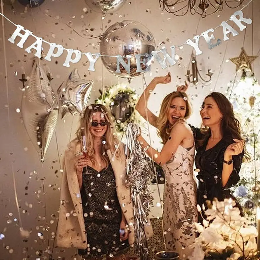 Sparkling 'Happy New Year' Banner as a Festive Focal Point — Gold New Years Eve Decor